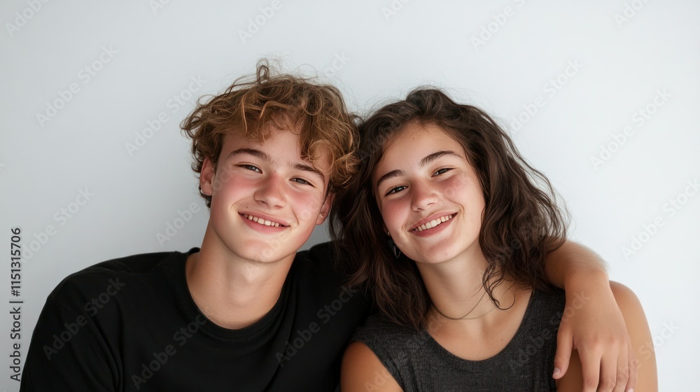 Two young friends leaning shoulder-to-shoulder, both smiling, isolated on a white background Two young friends leaning shoulder-to-shoulder, both smiling, isolated on a white background