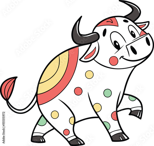 Cheerful Polka Dot Bull Cartoon Illustration 