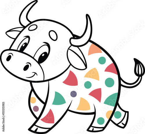 Colorful Bull Illustration: A playful, cartoon-style illustration of a bull with colorful geometric patterns on its body