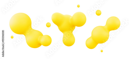 3d blob shapes in bright yellow gradient with smooth organic curves. Floating abstract elements with spherical connections and dynamic forms for modern fluid design or interface decorations.