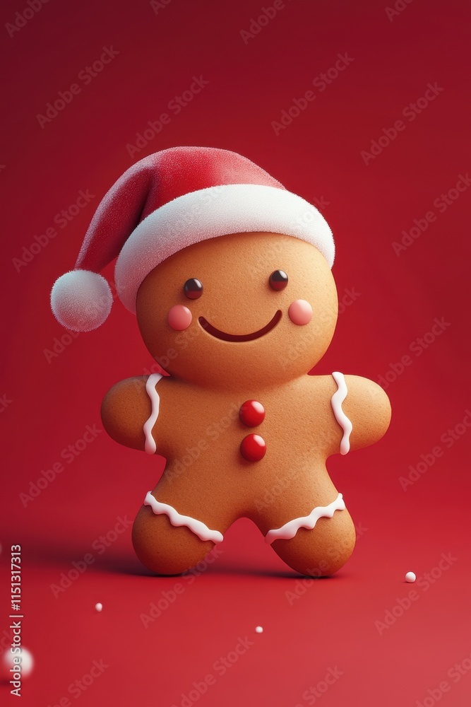 Cute Gingerbread Man with Santa Hat on Red Background for Holidays Cute Gingerbread Man with Santa Hat on Red Background for Holidays
