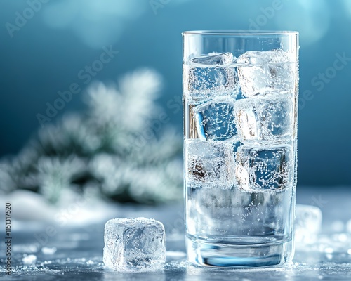A tall glass of ice water with large cubes, condensation on the glass, surrounded by frost, and a wintry scene in the background, giving a refreshing, chilled ambiance