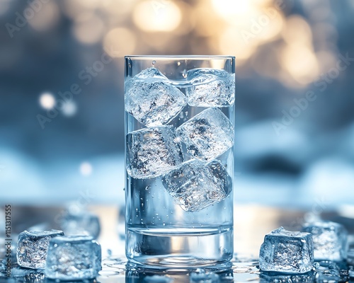 Wallpaper Mural A tall glass of ice water with large cubes, condensation on the glass, surrounded by frost, and a wintry scene in the background, giving a refreshing, chilled ambiance Torontodigital.ca