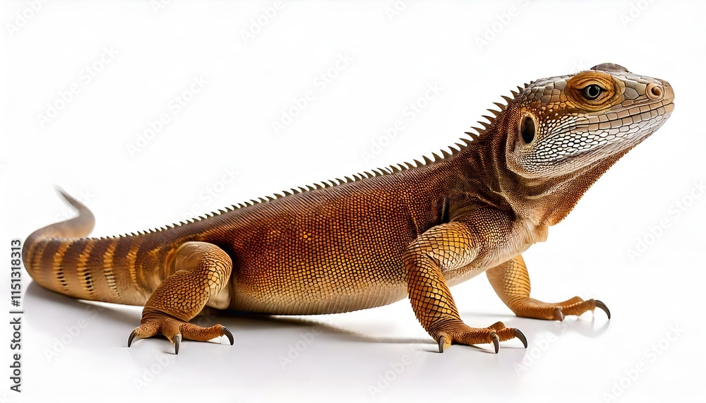 Obraz premium Lizard on white background and showcasing detailed scales, natural texture and symbol of resilience and adaptability