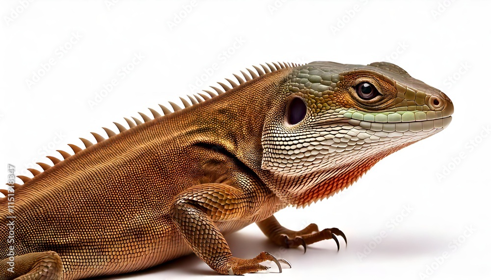 Fototapeta premium Lizard on white background and showcasing detailed scales, natural texture and symbol of resilience and adaptability