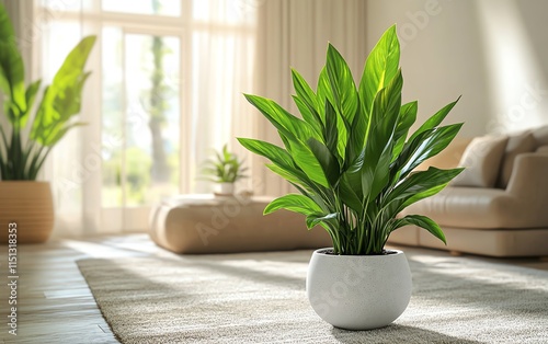 A beautiful Aspidistra plant in a white pot, showcasing its glossy green leaves, placed in a stylish living room with natural light streaming through the window photo