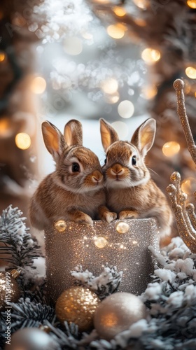 Two playful bunnies in a gift box. photo