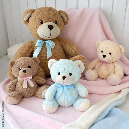 Teddy bears in a bed