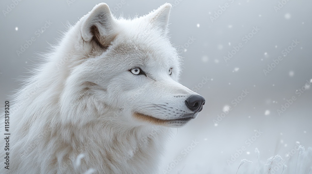 Obraz premium Majestic arctic wolf with piercing blue eyes, snowy landscape background.