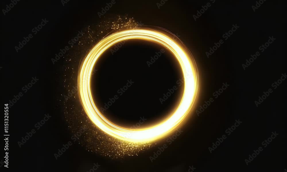 Abstract Golden circle round ring frame Portal with glowing golden lines and glitter particles isolated on black background with golden sparkles, VFX