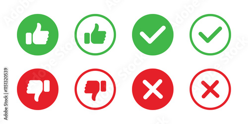 Thumb up and thumb down sign. Check mark and cross mark icon set. Like and dislike symbols set in green and red circles.