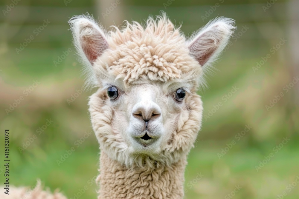 Close up of a fluffy alpaca with its mouth open, revealing its teeth, in a vibrant green field Close up of a fluffy alpaca with its mouth open, revealing its teeth, in a vibrant green field