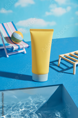 Advertisements for sunscreen products showing a paper miniature pool idea. Close-up of a yellow tube mockup on a blue surface, a chair, and a shelf against a backdrop of a summer sky.