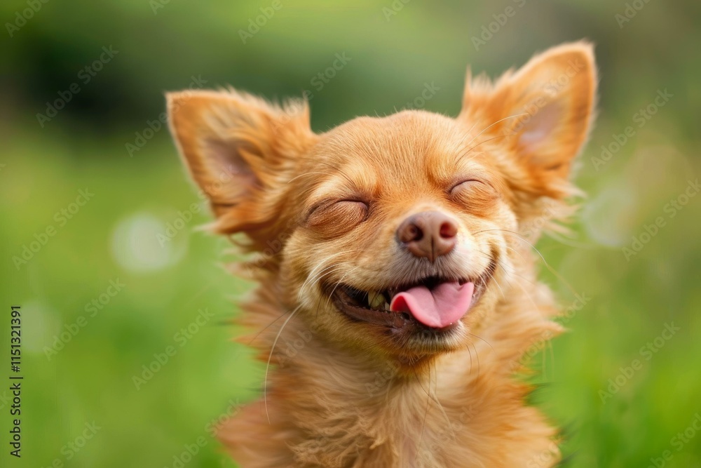 Happy chihuahua dog is smiling with closed eyes and its tongue out in a green field Happy chihuahua dog is smiling with closed eyes and its tongue out in a green field