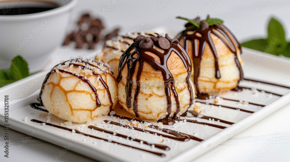 Soft mini sponge cakes topped with a drizzle of chocolate sauce and garnished with chocolate chips, served on a white platter for a delightful dessert experience.
Soft mini sponge cakes topped with a drizzle of chocolate sauce and garnished with chocolate chips, served on a white platter for a delightful dessert experience.