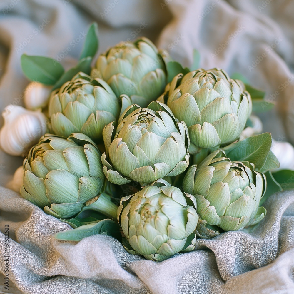 Obraz premium Tabletop display of artichokes and fresh garlic arranged neatly