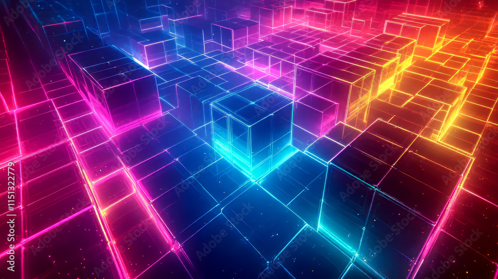 Futuristic neon grid with vibrant colors and digital cube structures Futuristic neon grid with vibrant colors and digital cube structures
