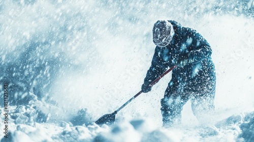 A person shoveling snow while bundled up against heavy snowfall. photo