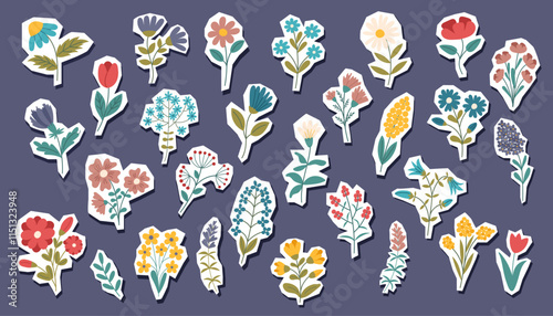 Flowers stickers set isolated on purple background. Hand drawn botanical collection of flowers. Nature, spring, summer, Ester concept.