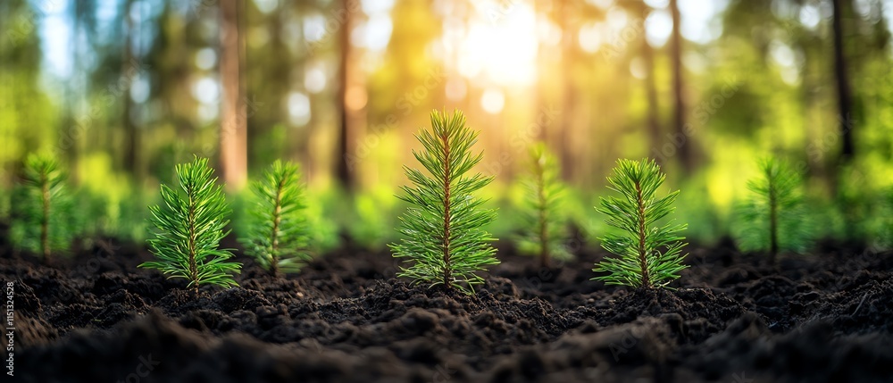 Lush green pine trees growing from rich, dark soil, with vibrant green needles reaching towards the clear sky in a tranquil forest setting Lush green pine trees growing from rich, dark soil, with vibrant green needles reaching towards the clear sky in a tranquil forest setting