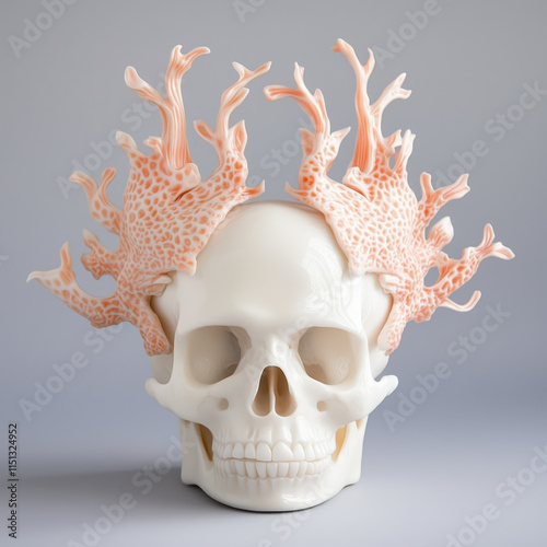 unique skull sculpture adorned with coral like structures, showcasing creativity photo