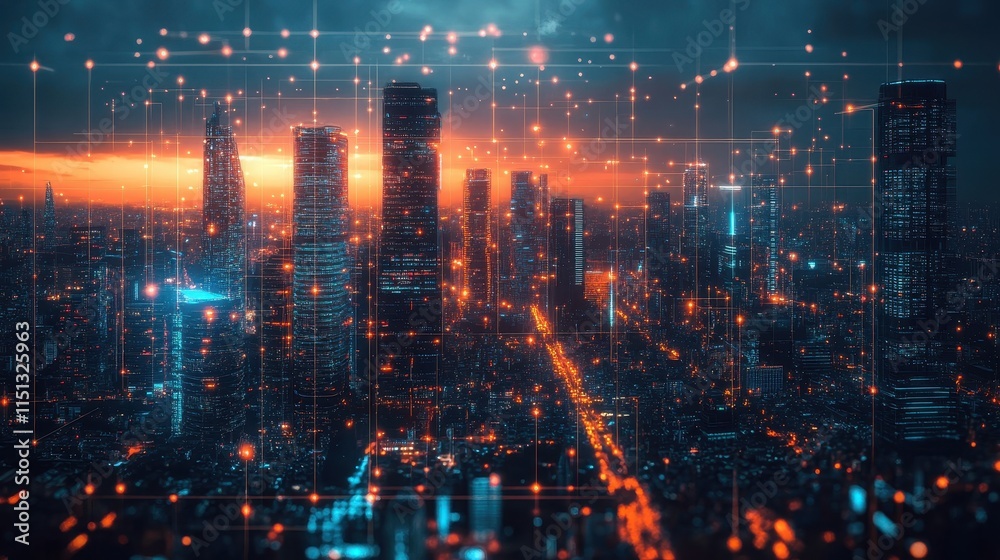 Fototapeta premium Futuristic city skyline with sleek buildings and vibrant lights, showcasing advanced technology and innovation in urban design.