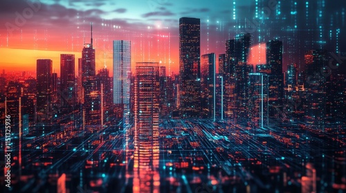 Wallpaper Mural Futuristic city skyline with sleek buildings and vibrant lights, showcasing advanced technology and innovation in urban design. Torontodigital.ca