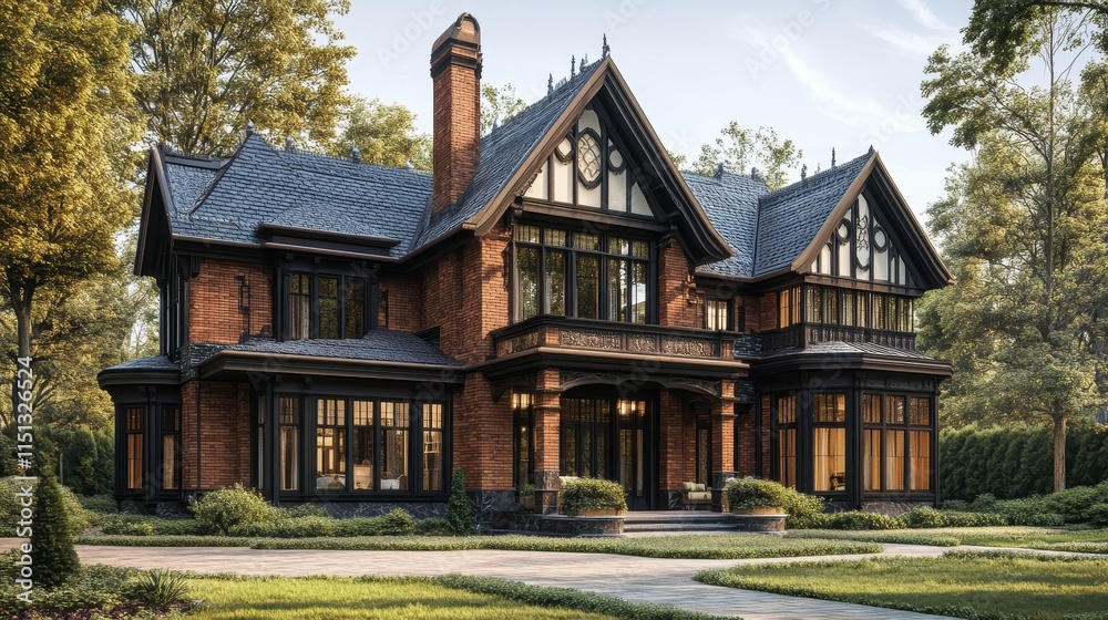 Gothic revival house with detailed architecture. Gothic revival house with detailed architecture.