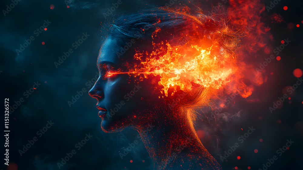 Dynamic portrayal of a woman with fire emerging from her head in a captivating artistic display of creativity and emotion
