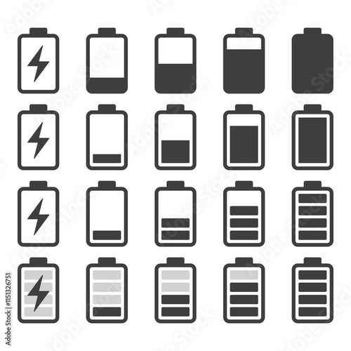 Battery illustration set, flat symbols of batteries