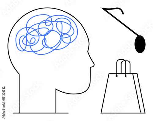 Outline of human head with tangled lines inside, indicating mental confusion, alongside a credit card and a shopping bag. Ideal for psychology, mental health, consumer behavior, decision-making