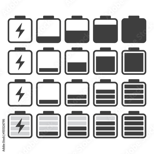 Battery illustration set, flat symbols of batteries