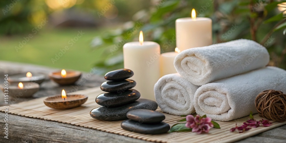 Spa concept - massage stones with towels and candles on natural background Spa concept - massage stones with towels and candles on natural background