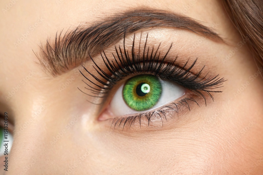 Obraz premium Close up view of beautiful green female eye with long eyelashes, smooth healthy skin. Eyelash extension procedure. Perfect trendy eyebrows. Good vision, contact lenses. Eye health and care
