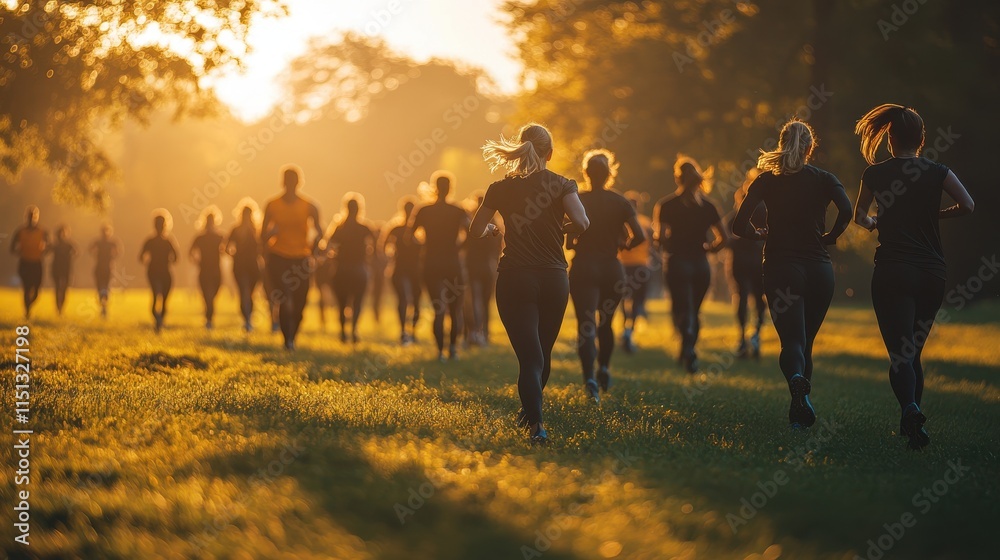 Fototapeta premium Group training session under soft sunlight, showcasing unity and teamwork.