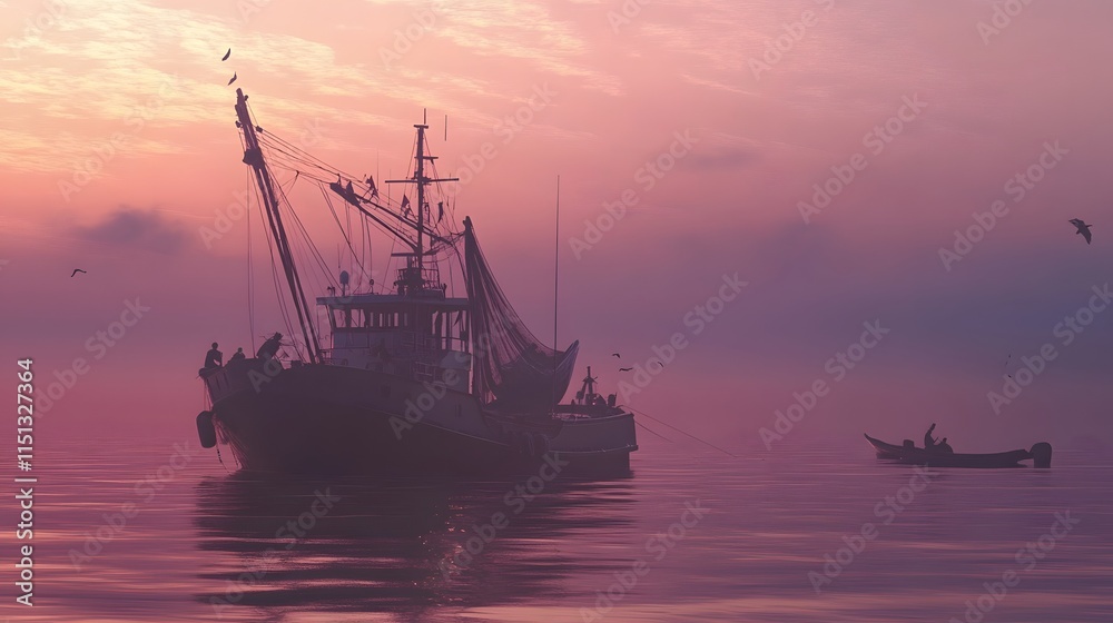 A serene fishing scene at sunset with boats and birds in a misty atmosphere. A serene fishing scene at sunset with boats and birds in a misty atmosphere.