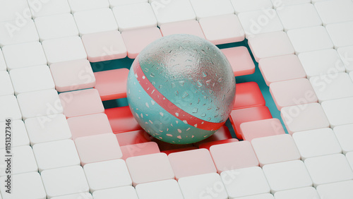Abstract 3D render: a white tiled surface dips into a red gradient center. A half-transparent, half-blue sphere with speckles and noisy relief rests in the depression, creating a captivating visual