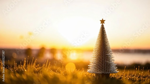 Small Honeycomb christmas tree standing in a meadow at sunset background blurred with copy space