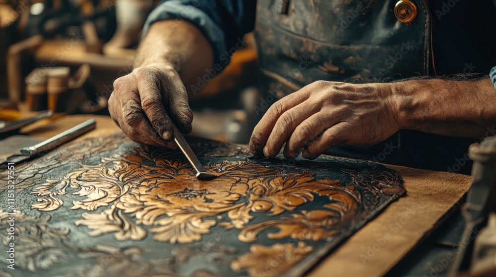 Hands working with leather tools, crafting a detailed piece, capturing the artistry and skill involved in leatherworking. Hands working with leather tools, crafting a detailed piece, capturing the artistry and skill involved in leatherworking.