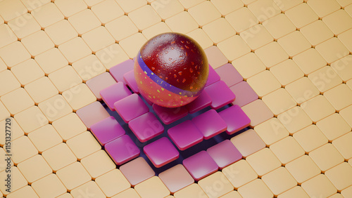 Abstract 3D render: white tiled surface rises to a red gradient peak. A half-transparent, half-blue sphere with speckles and noisy relief rests on the elevation, creating a captivating visual