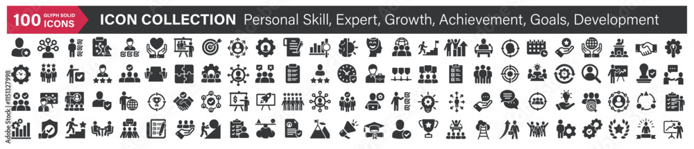 Big icons collection. Containing Personal Skill, Expert, Growth, Achievement, Goals, Development. Glyph solid style series icon