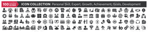 Big icons collection. Containing Personal Skill, Expert, Growth, Achievement, Goals, Development. Glyph solid style series icon