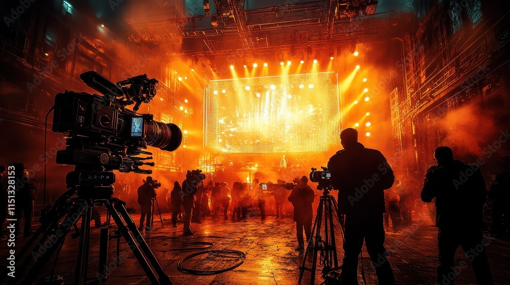 Fototapeta premium ilhouette of a glamorous film set with bright lights and cameras in action.