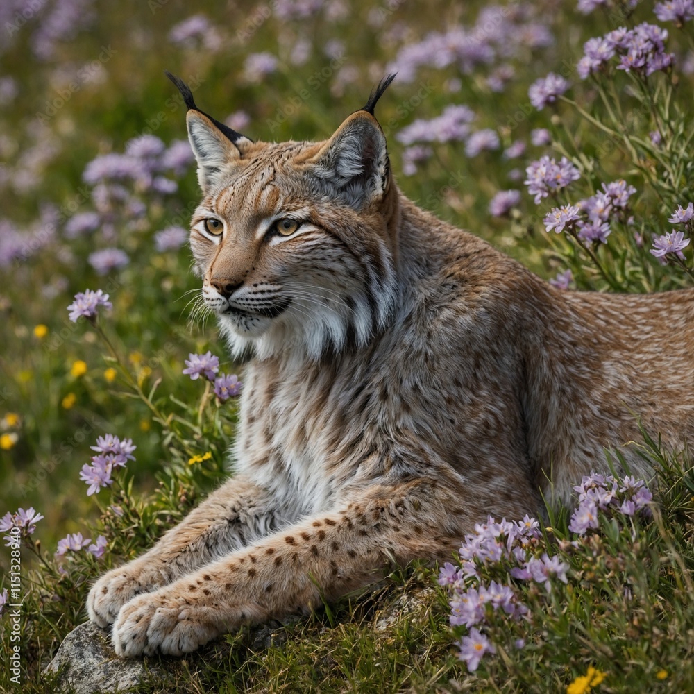 Obraz premium A lynx resting on a boulder in an alpine meadow filled with blooming flowers.