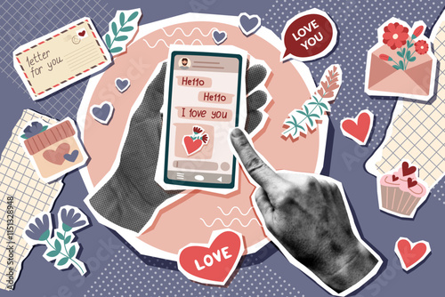 Valentines day collage banner with phone messages and pointing human hand photo. Valentines day objects in pop art style. Valentines trendy background.