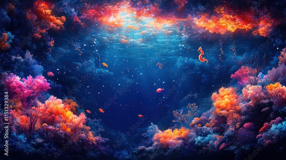 Obraz premium Vibrant coral reef, fish, seahorse, underwater scene.