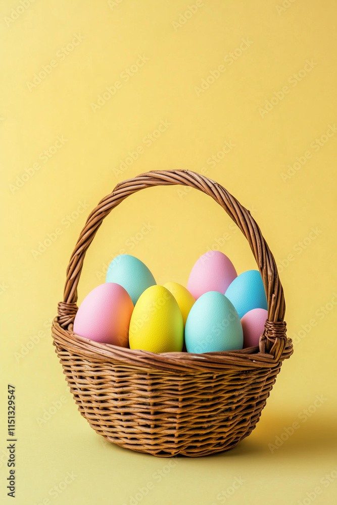Easter celebration, symbolic still life of a wicker basket filled with colorful painted Easter eggs in pastel pink, blue, yellow, and green, isolated on a solid light pastel yellow studio background Easter celebration, symbolic still life of a wicker basket filled with colorful painted Easter eggs in pastel pink, blue, yellow, and green, isolated on a solid light pastel yellow studio background
