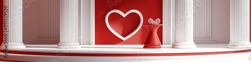 Minimalistic Red and White 3D Room with Heart Shaped Window and Pedestal for Valentine's Product Showcase