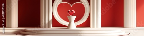 Minimalistic Red and White 3D Room with Heart Shaped Window and Pedestal for Valentine's Product Showcase