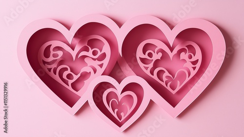 Paper Heart Cutouts with Vintage Style on a Warm Pink Valentines Day Card